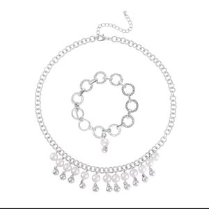 Simulated Pearl Glass Necklace 20-22 Inches and Bracelet 8In in Silvertone